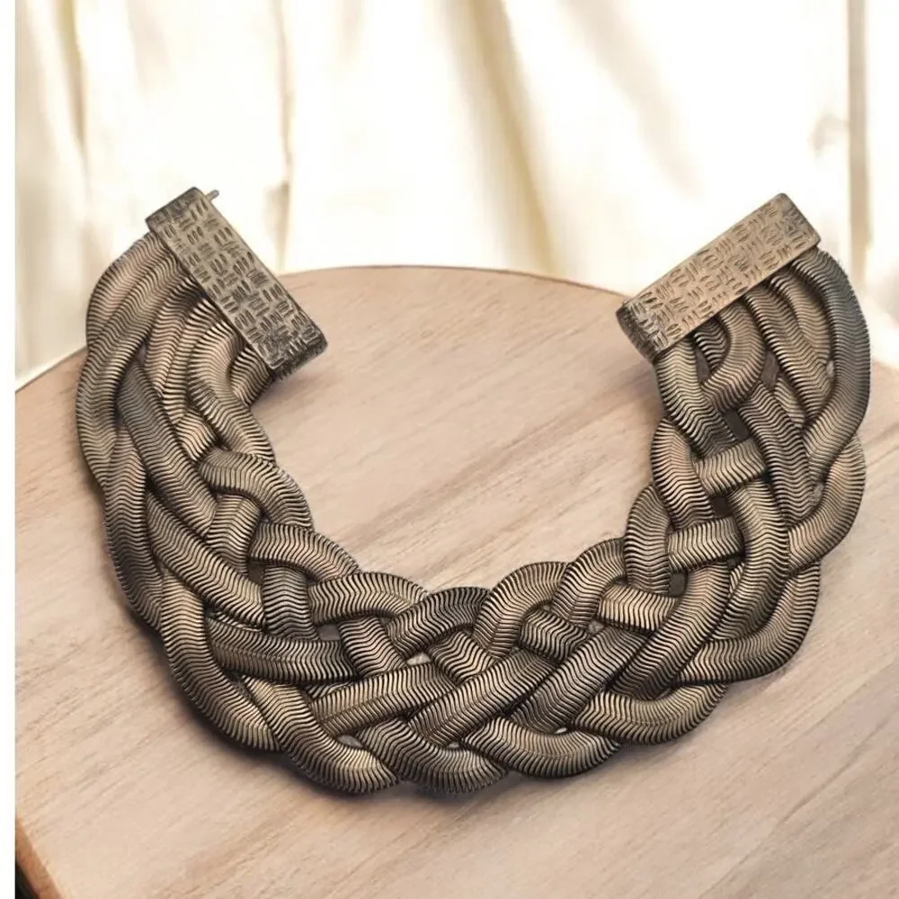 Woven Gold Tone Herringbone Bracelet Sculptural Statement Quiet Luxury